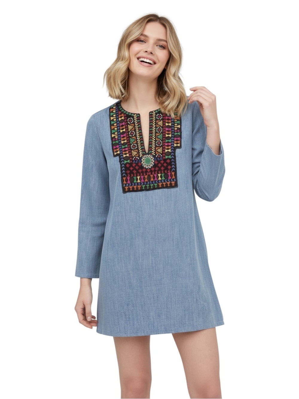 Zara Chambray Boho Native Chambray Denim Dress Tunic Small